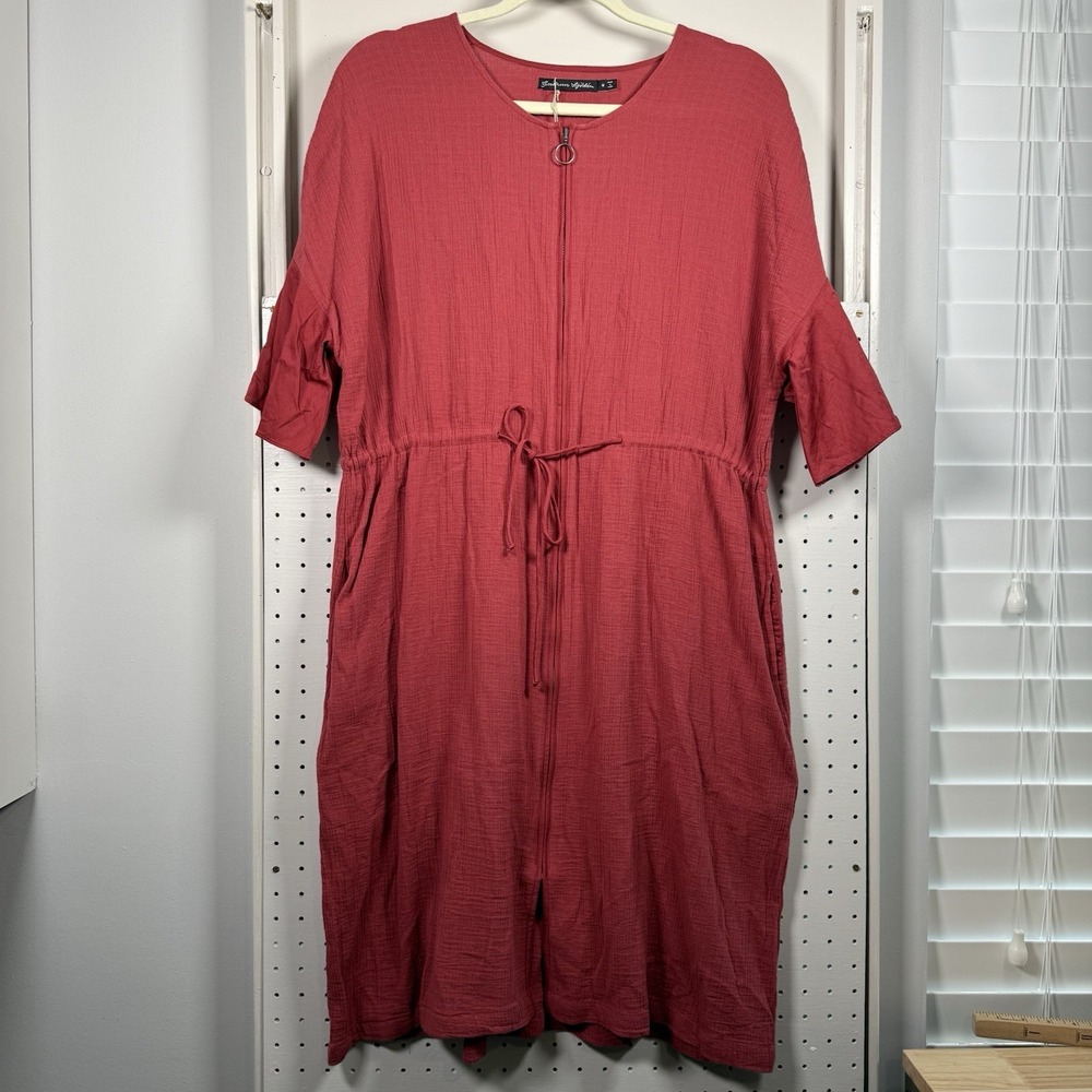 GUDRUN SJODEN Dress Lightweight Lagenlook Crepe Boho Oversized Red Medium Pocket